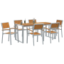 7-teiliges Garten-Esszimmer-Set aus Akazienholz und Metall mit rechteckigem Tisch und 6 Stühlen.