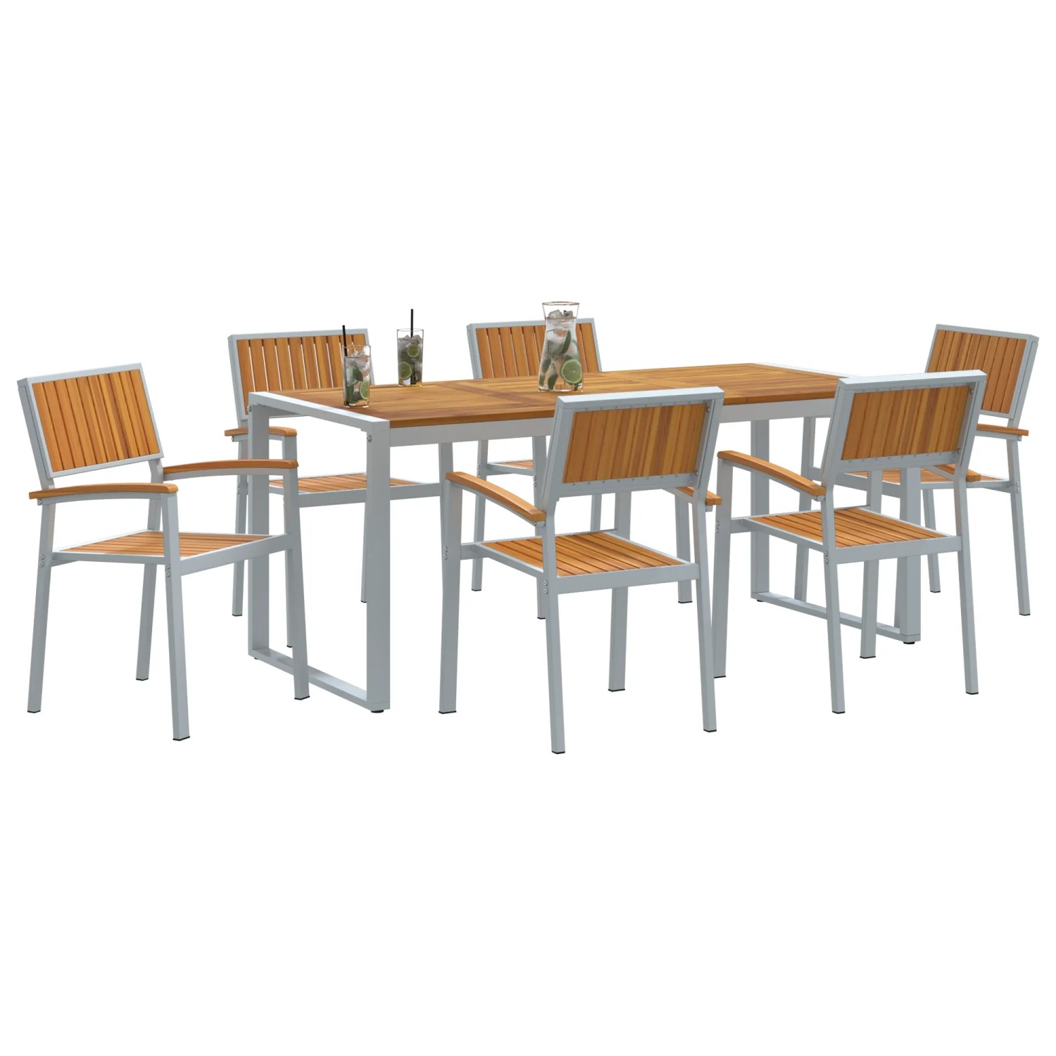 7-teiliges Garten-Esszimmer-Set aus Akazienholz und Metall mit rechteckigem Tisch und 6 Stühlen.