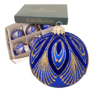 6er-Set blaue Krebs Glas Lauscha Weihnachtskugeln (8cm) mit goldenem Pfau-Dekor.