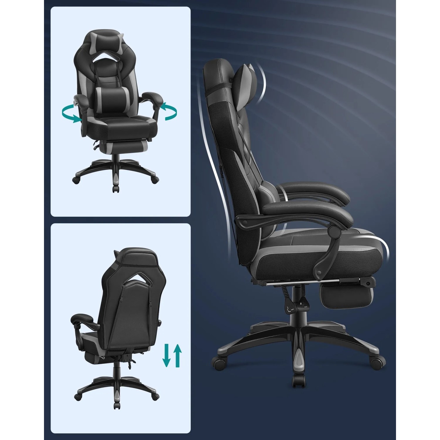 Ergonomischer Songmics Gamingstuhl in Grau-Schwarz mit Teleskop-Fußstütze und verstellbaren Elementen.