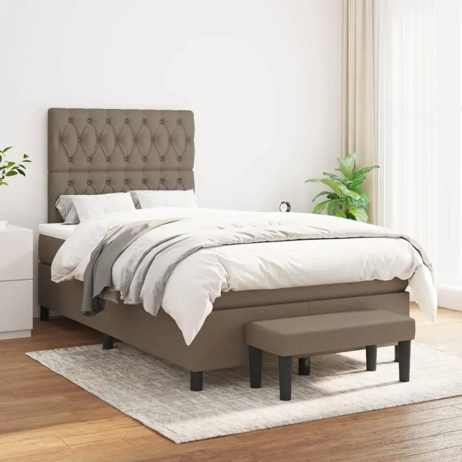 Taupes Boxspringbett (120x190 cm) mit Matratze, Kopfteil und Bank. Stoffbezug.