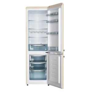 Offene Wolkenstein Kühl-Gefrierkombination KG250.4RT SC in Creme Glänzend, Innenansicht mit Fächern.