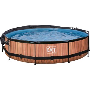 EXIT Wood Pool, braun, Ø 360 cm, mit Filterpumpe und Sonnensegel. Stahlrahmenpool im Holzdesign.