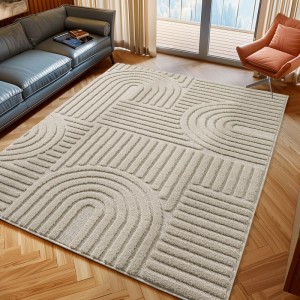 Beiger Ayyildiz Kurzflorteppich (80x250cm) mit skandinavischem 3D-Reliefmuster im Wohnzimmer.