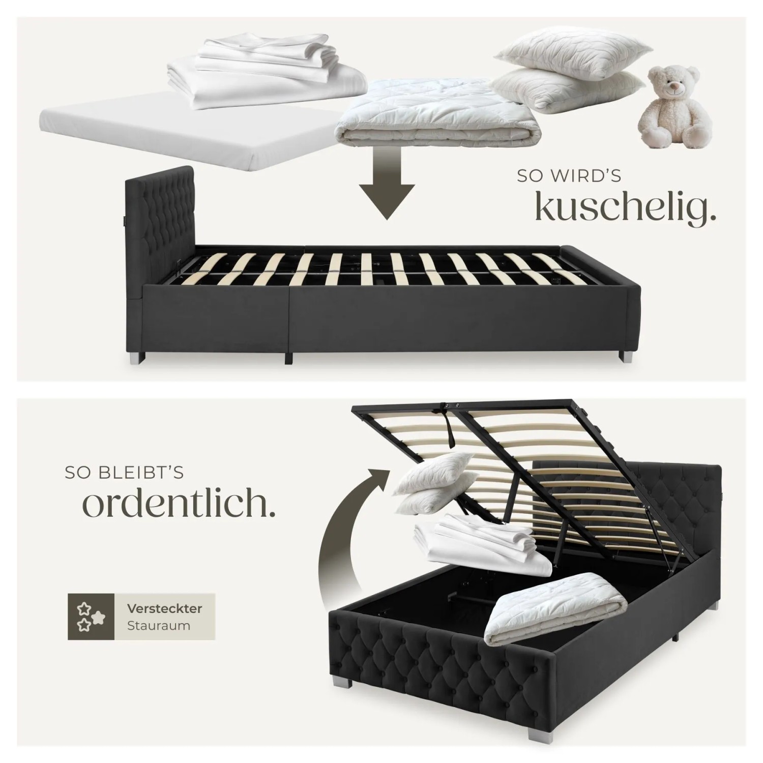 Tectake Polsterbett Sedona In Samtoptik Mit Steppmuster Indirekte Led Beleuchtung An Den Seiten 120 x 200 cm 215 x 129 x 83 cm Samtoptik Schwarz_7