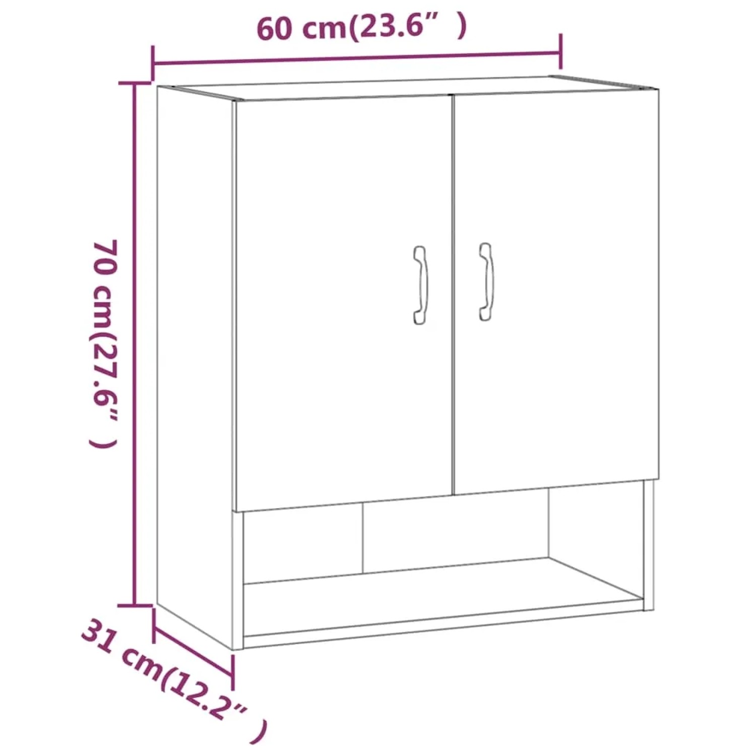 Weißer Wandschrank (60x31x70 cm) mit zwei Türen und offenem Fach. Büroschrank zur Wandmontage.