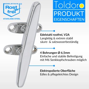 Toldoro Edelstahl Klampe 150mm, V4A, mit 4 Bohrungen für Boot-Zubehör.