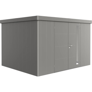 Biohort Gerätehaus Neo 3D in Quarzgrau-Metallic mit Doppeltür. Modernes Design für den Garten.