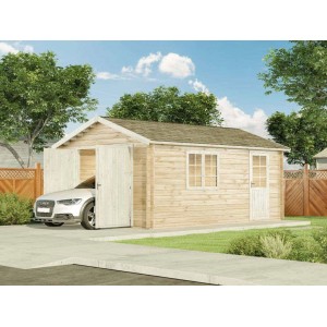 Alpholz Holzgarage A-70 ISO Fichte Natur mit Auto, Carport aus Holz mit Doppeltür und Fenster.