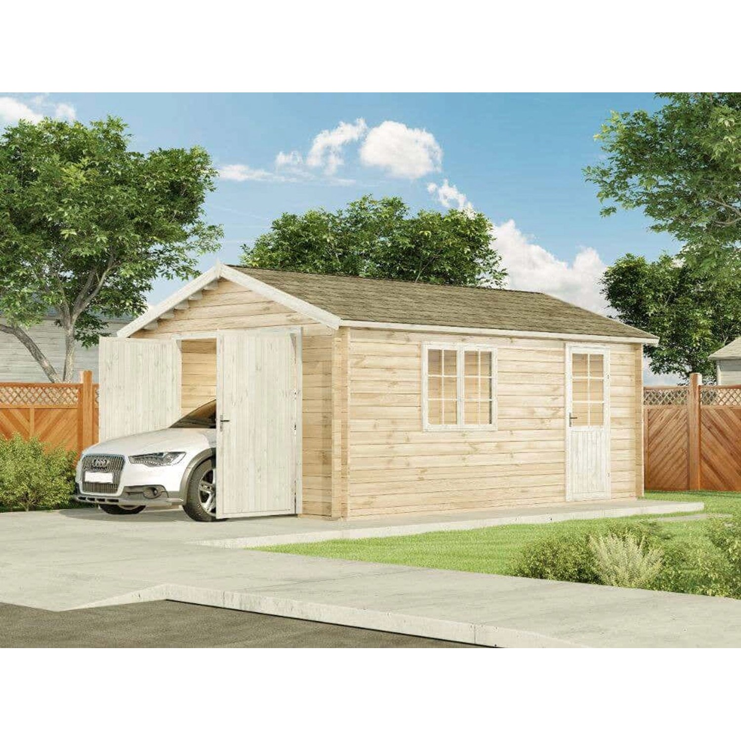 Alpholz Holzgarage A-70 ISO Fichte Natur mit Auto, Carport aus Holz mit Doppeltür und Fenster.