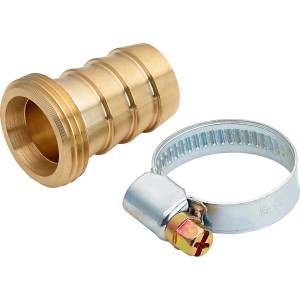 Schlauchverbinder aus Messing, 19 mm (3/4), mit Schlauchschelle zur sicheren Schlauchfixierung.