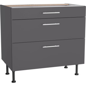 Optifit Unterschrank Ingvar420, 90 cm breit, Anthrazit Matt, mit drei Auszügen und silberfarbenen Griffen.