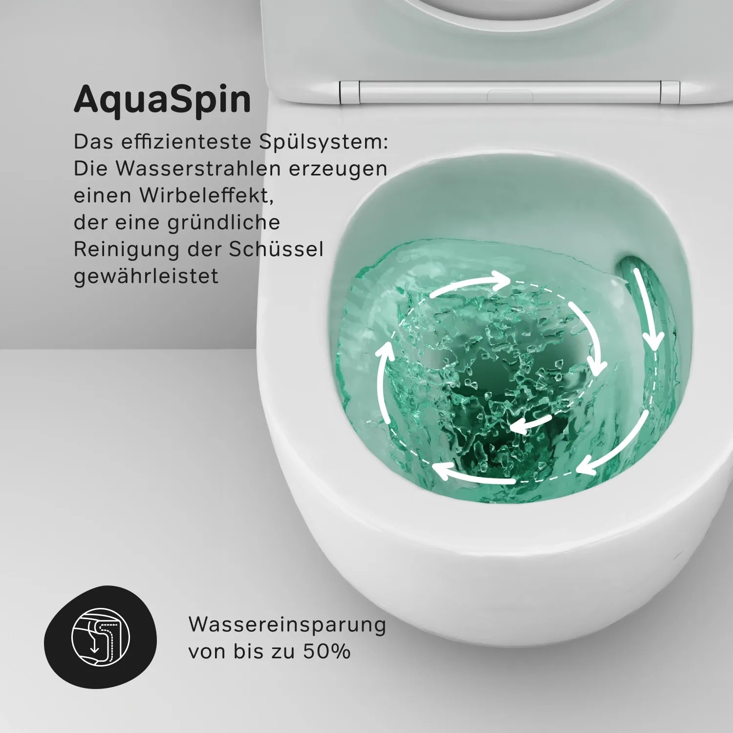 AM.PM Wand-WC mit FlashClean Spülung in Aktion: Wirbelnde Wasserstrahlen für optimale Hygiene.