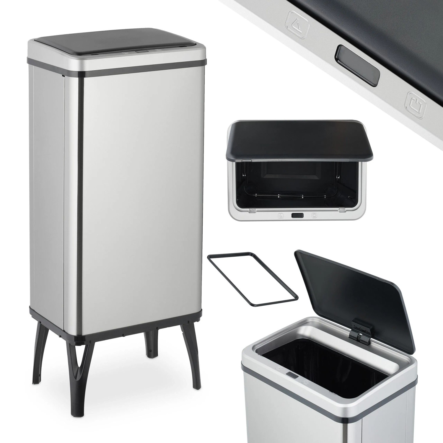 Relaxdays Mülleimer Edelstahl Silber Schwarz mit Sensor Automatisch 50, 83,5 cm x 36 cm x 26 cm 3,6 kg