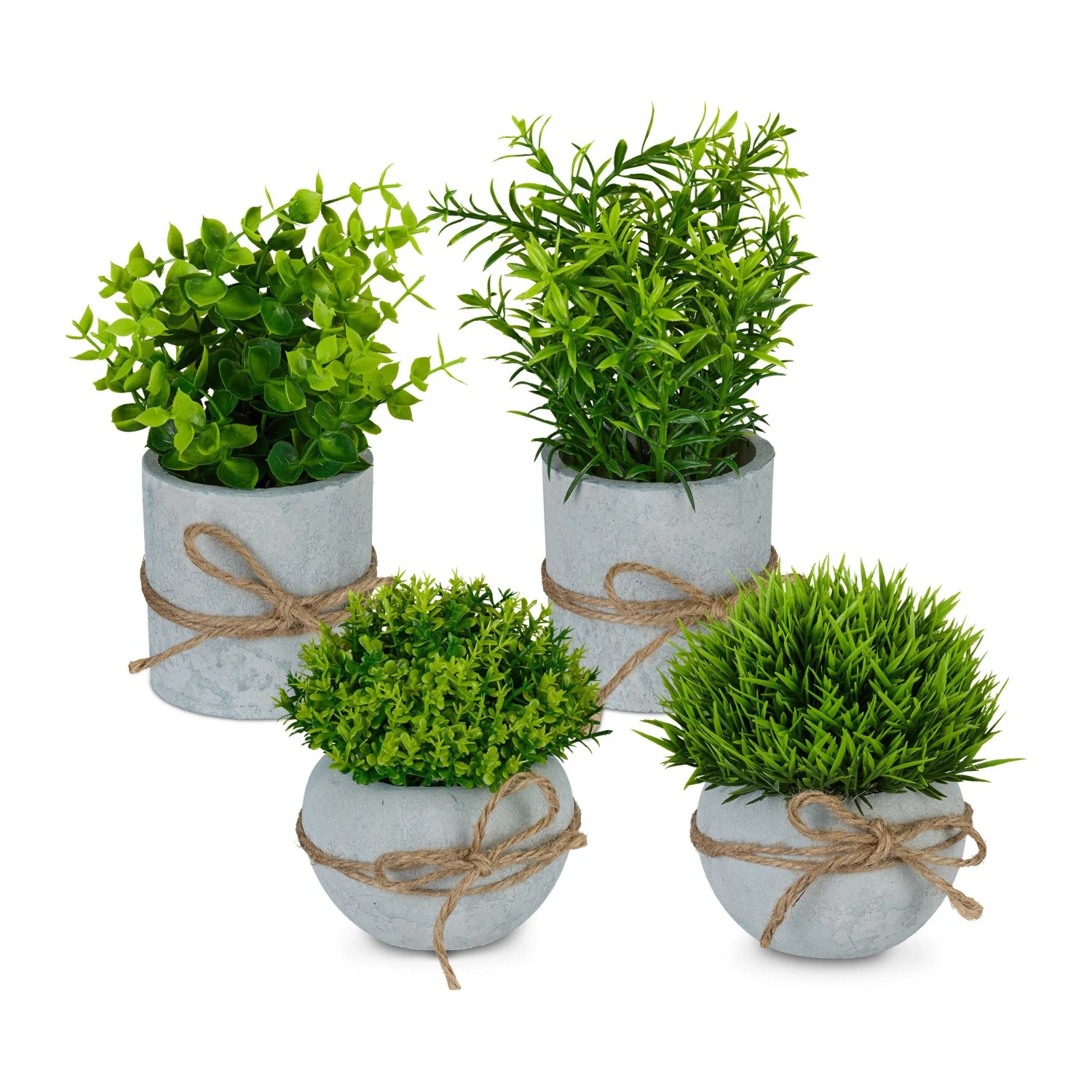 Relaxdays Kunstpflanzen im Topf 4er Set Kunststoff Stein Jute Grün Grau Pflegeleicht 12 cm x 10 cm 18 cm x 7,5 cm je 250 g