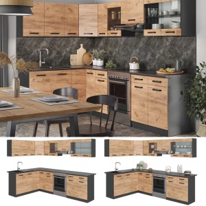 Moderne Eckküche Vicco Rick in Anthrazit/Goldkraft Eiche mit LED-Leisten, 267x167 cm.