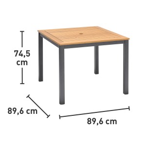 Quadratischer Gartentisch Bonlee aus FSC®-Holz, braun, 89,6x89,6 cm, mit Sonnenschirmloch.