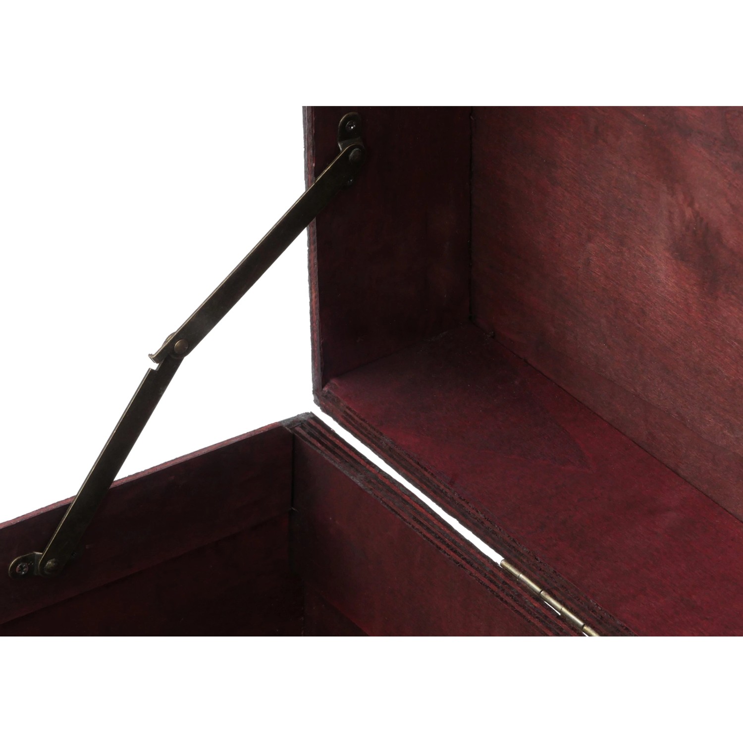 Geöffnete, eckige MCW Holztruhe Antibes in Antikoptik, Detailansicht des Innenraums und des Deckelmechanismus.