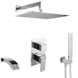 Eckiges PaulGurkes Regendusch-Set für Badewannen, 30 cm, mit Handbrause und Wanneneinlauf, verchromt.