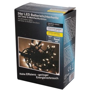 Dunkle Verpackung der Lex 24er LED Lichterkette mit Timer, 8 Lichteffekten, warmweiß, für Außen & Innen.