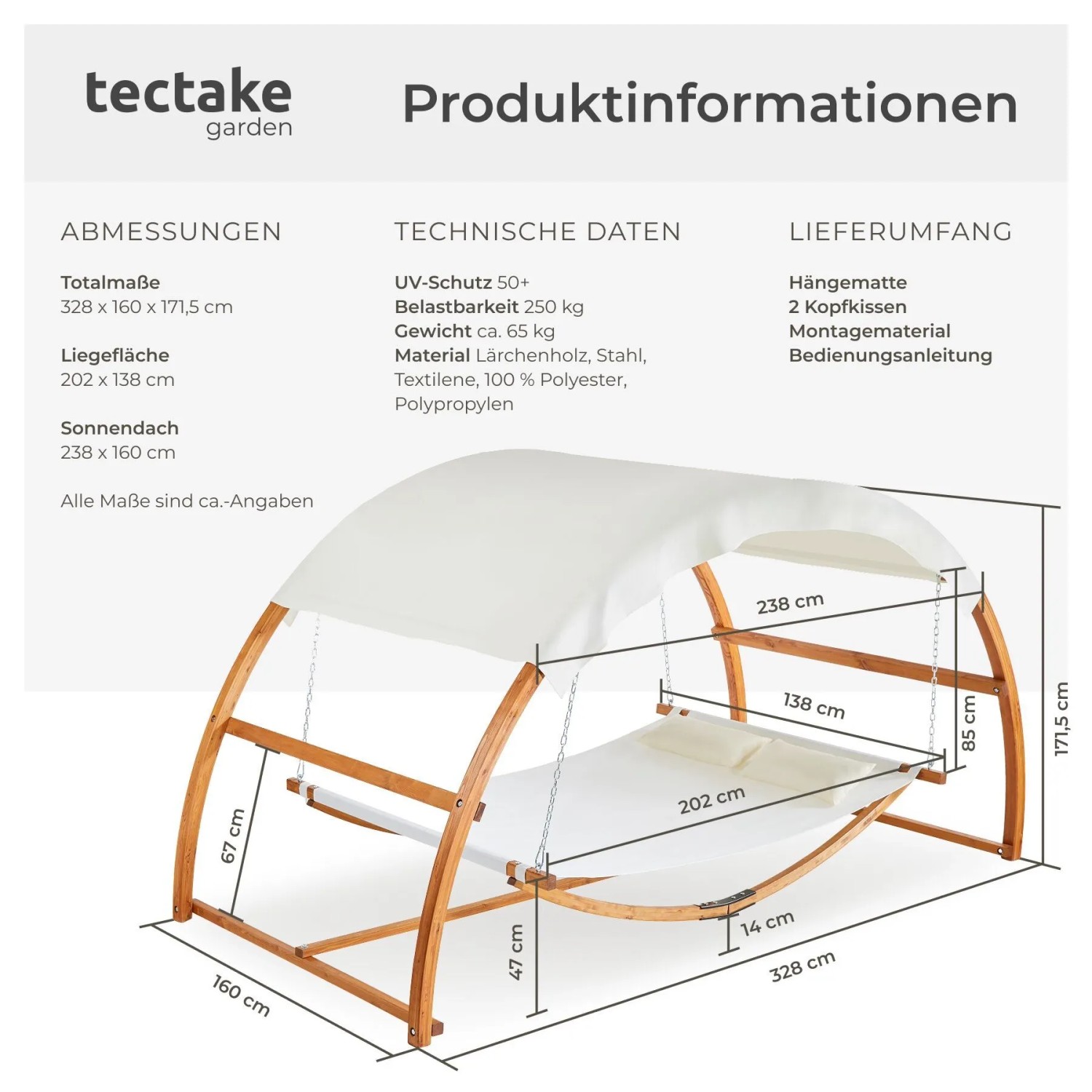 Tectake Hängematte Locarno Mit Holzgestell  Für 2 Personen Großes Sonnendach  Inkl  2 Kissen  328 x 160 x 171 50 cm Teak_5