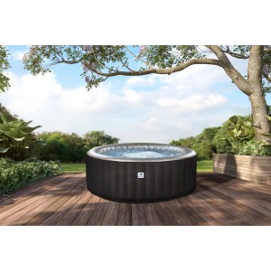 GardWell Whirlpool City, aufblasbar für 3 Personen, rund, auf Holzterrasse im Garten.