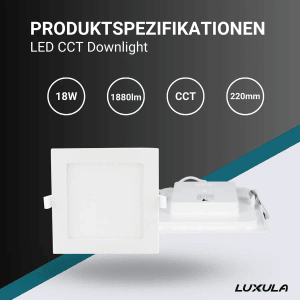 Quadratischer, weißer LUXULA LED Einbauspot mit CCT Farbtemperatursteuerung, 18W, 1880lm.