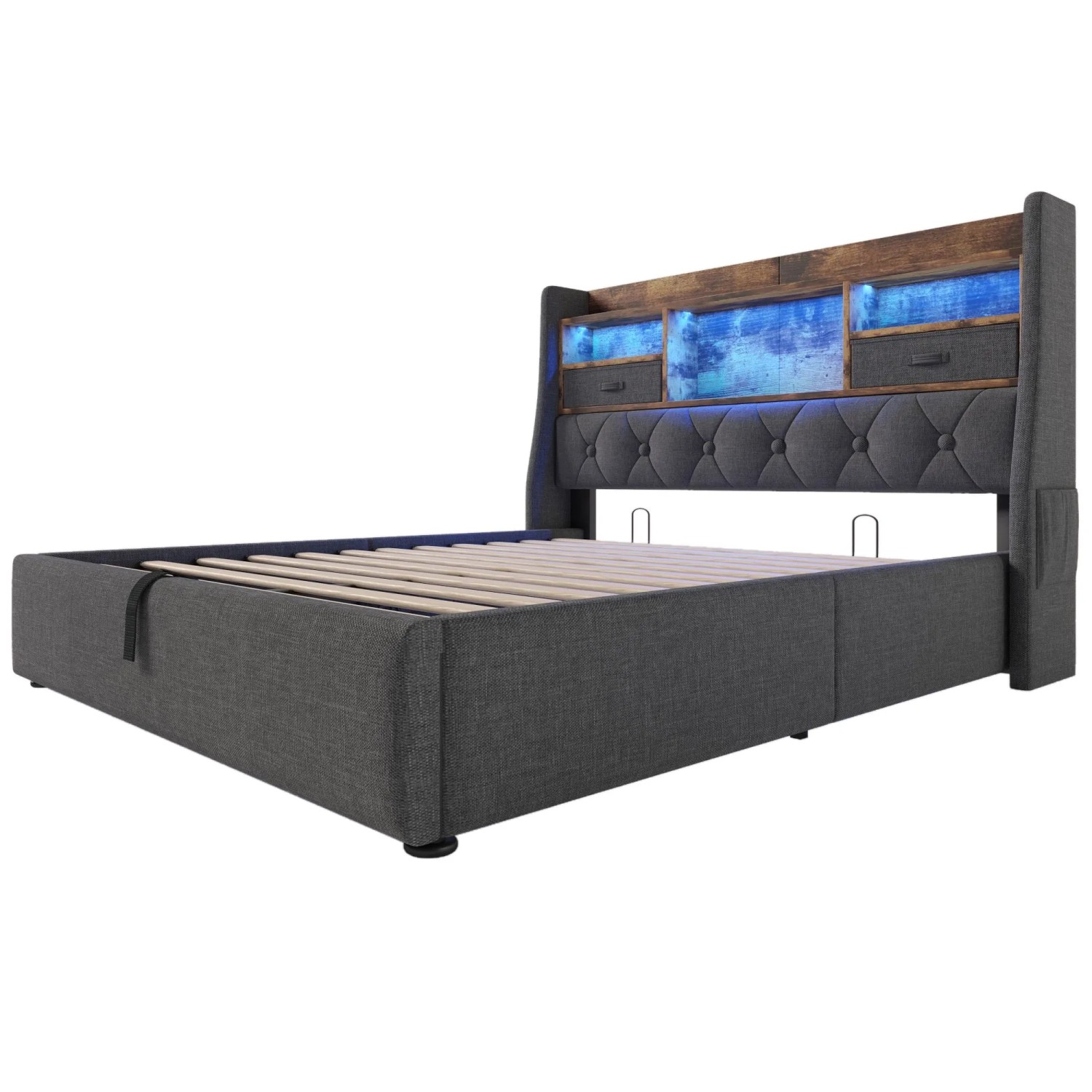 okwish Polsterbett 160x200cm mit LED Kopfteil Kinderzimmer Grau ohne Matratze