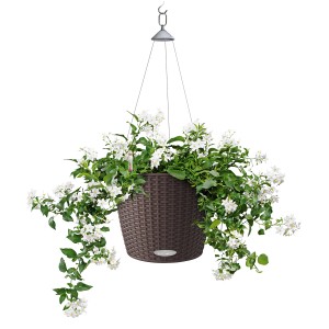 Lechuza Nindo Cottage Hängeampel, Mokka, Ø 35 cm, mit Bewässerungssystem und weiß blühenden Pflanzen.