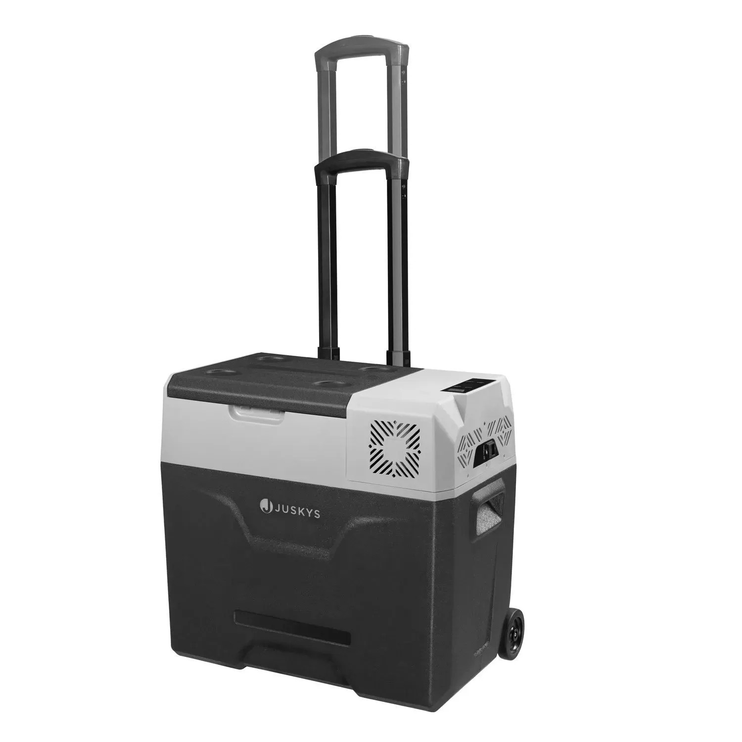Juskys Kühlbox Yukon 50 Liter mit Kompressor, grau, mit Rollen und Teleskopgriff.