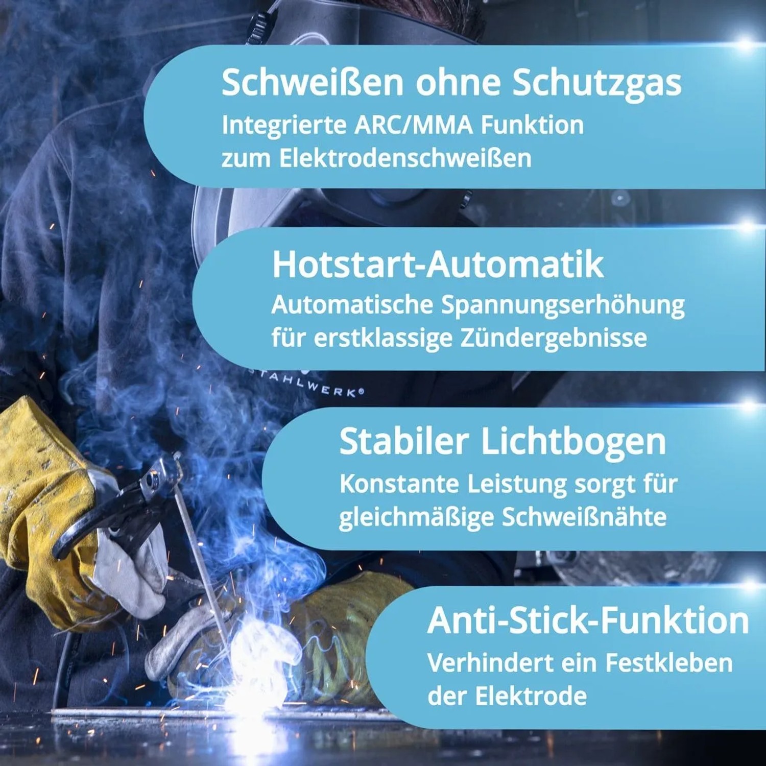 Schweißer mit STAHLWERK 6-in-1 Schweißgerät CTM-250 PULS Pro. Funkenflug, zeigt Hotstart und stabilen Lichtbogen.