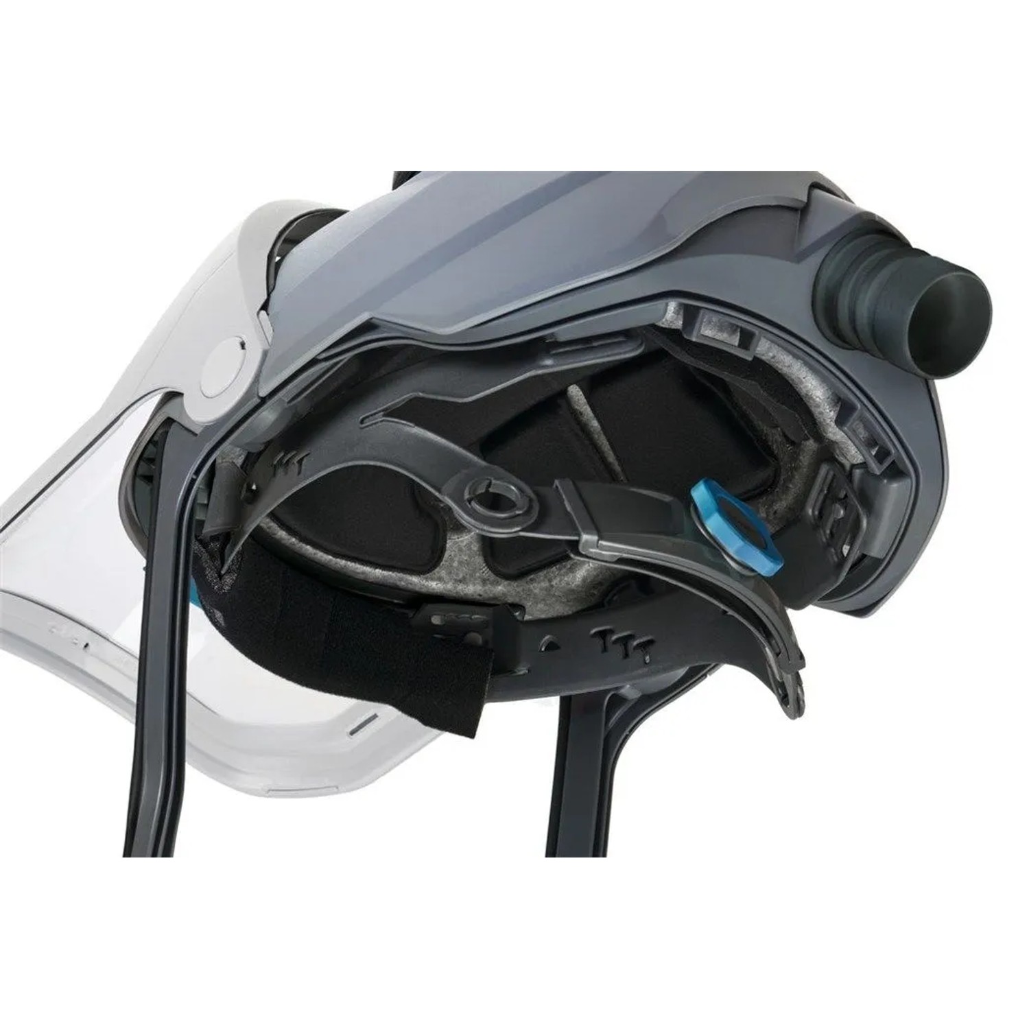 Grauer Dräger X-plore 8000 Helm mit klarem PC-Visier, Innenpolsterung und Luftanschluss für Atemschutz.