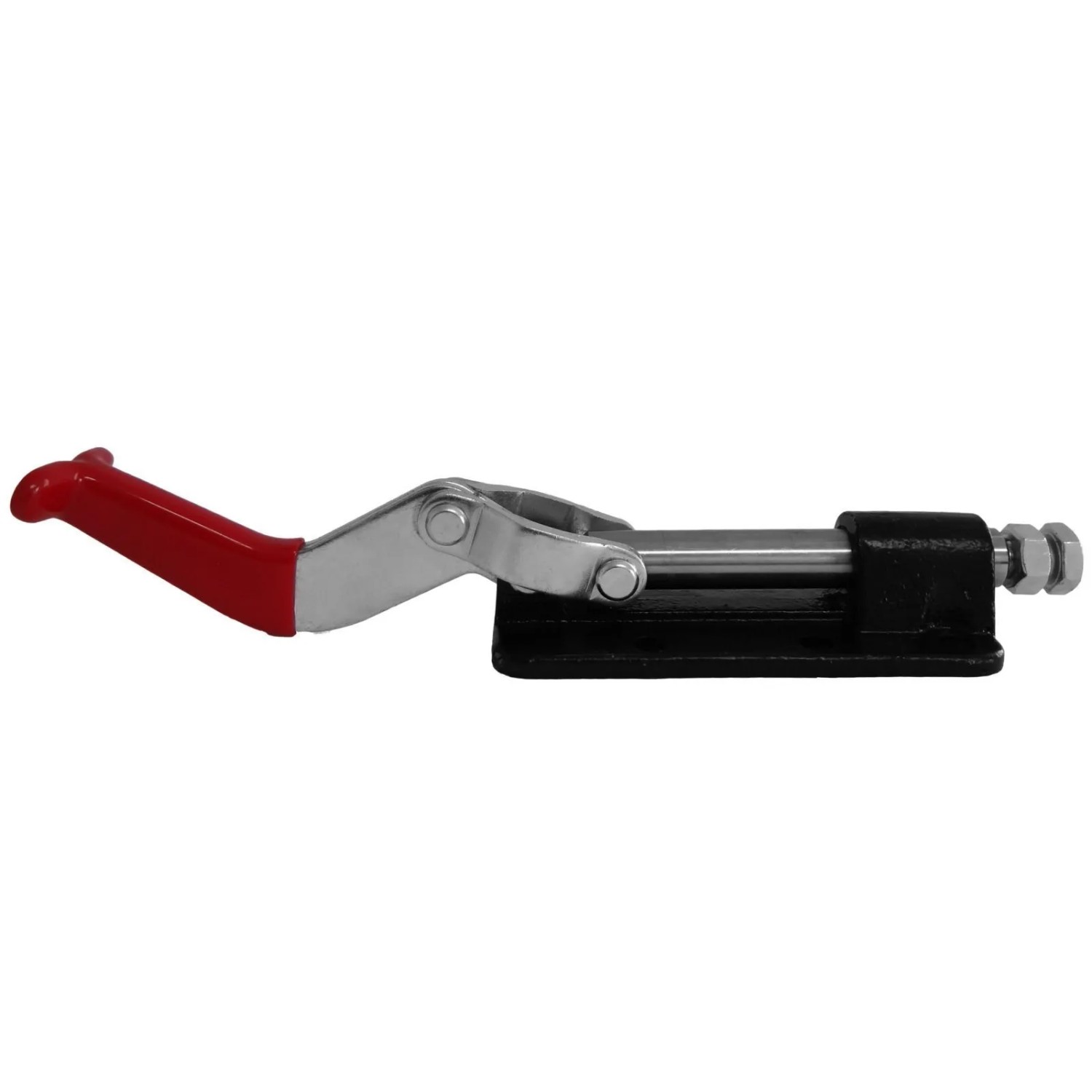 SOTECH Kniehebelspanner mit rotem Griff und schwarzer Basis. Verzinkter Stahl für sicheres Fixieren von Werkstücken bis 1136 kg.