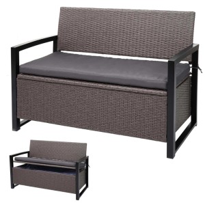 Grau-melierte Poly-Rattan 2er Sitzbank mit grauen Kissen und schwarzem Metallrahmen. Integriertes Staufach für Gartenmöbel.