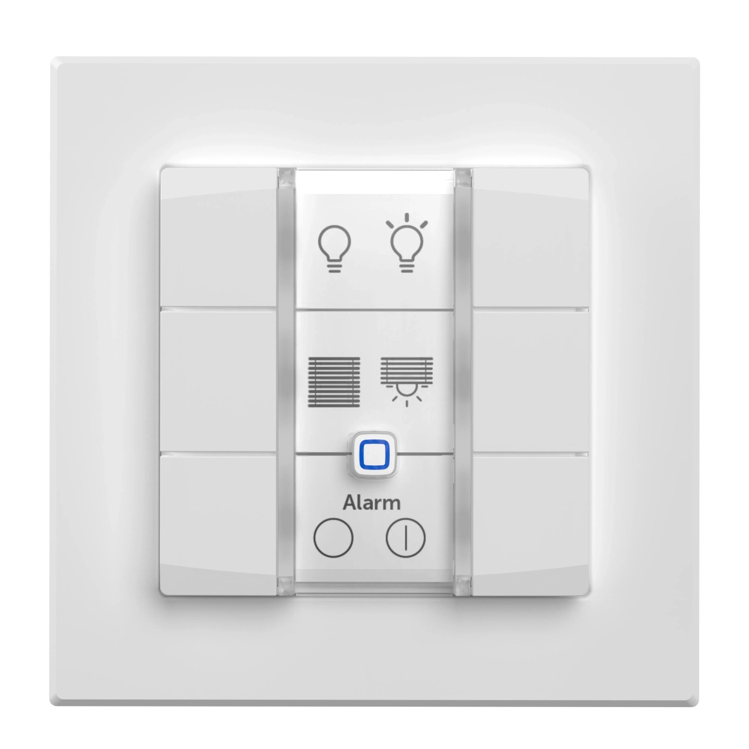 Weißer Homematic IP Wandtaster 6-fach 230 V für Hausautomation. Steuert Licht, Jalousien und Alarm.