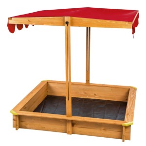 Tectake Sandkasten Emilia aus Holz mit rotem, verstellbarem Dach und Sitzrand.