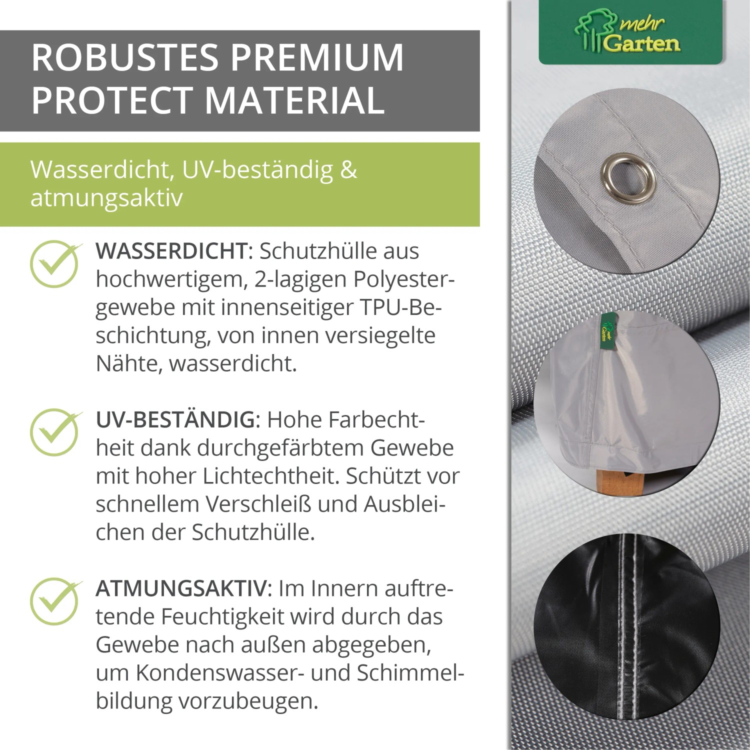 Detailansicht der grauen Mehr Garten Schutzhülle für Loungesofas mit wasserdichtem Material.