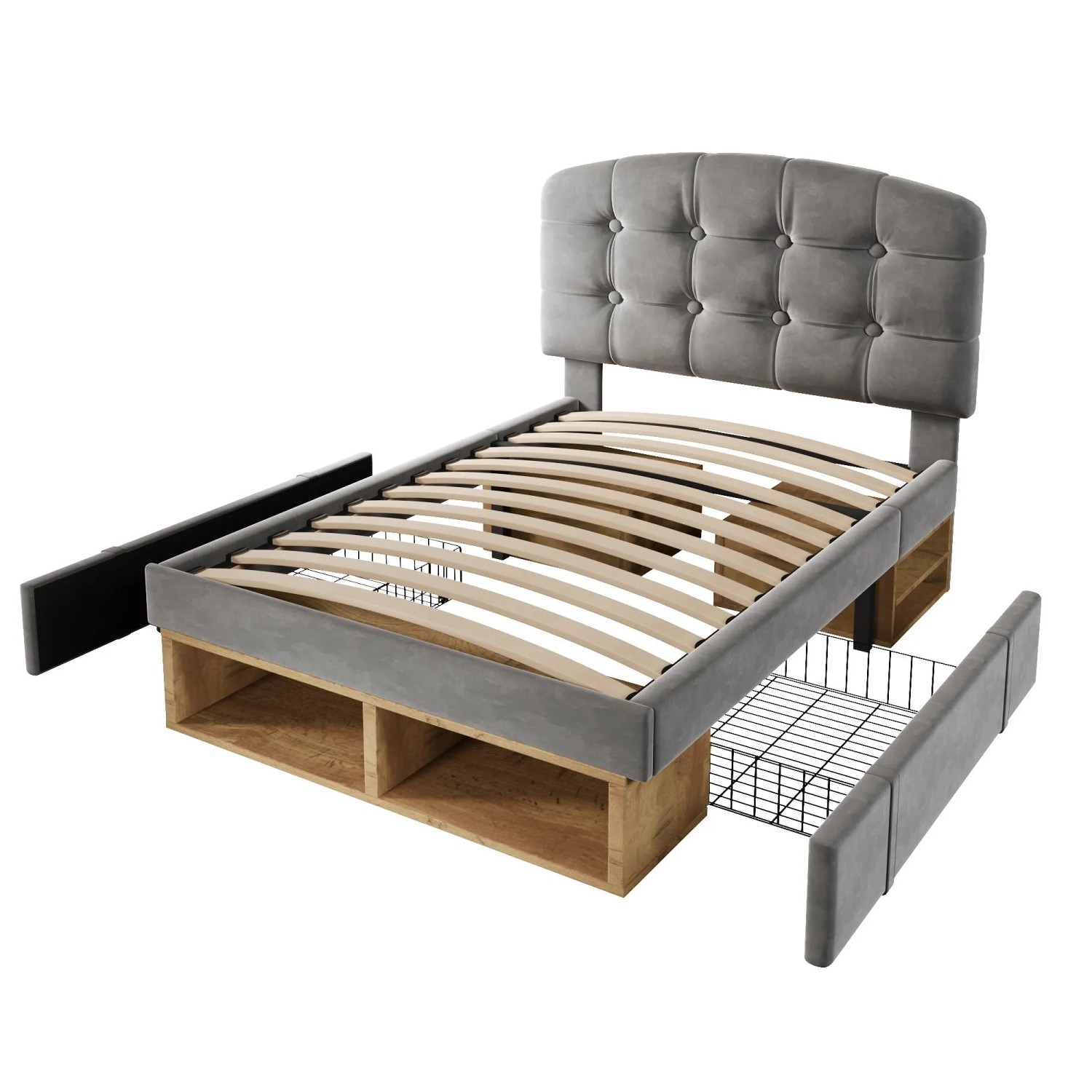 okwish Polsterbett 90x200cm mit Samtbezug Schubladen Jugendbett Grau ohne Matratze