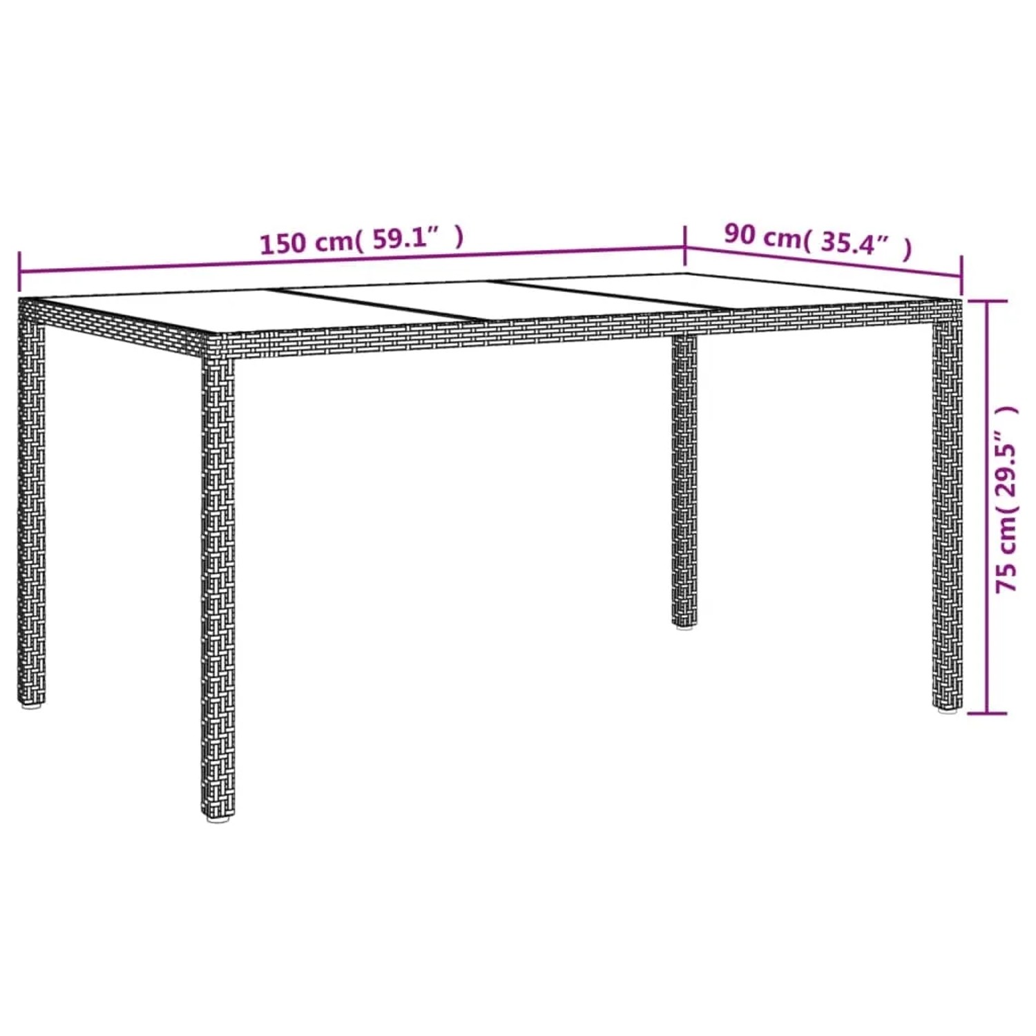 Grauer Gartentisch (150x90x75 cm) aus Poly Rattan mit Glasplatte. Ideal für Terrasse und Garten.