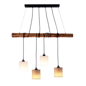 Näve Pendelleuchte Malta 4er-Set: Hängelampe mit Holz-Balken und vier Lampenschirmen in Natur und Weiß.