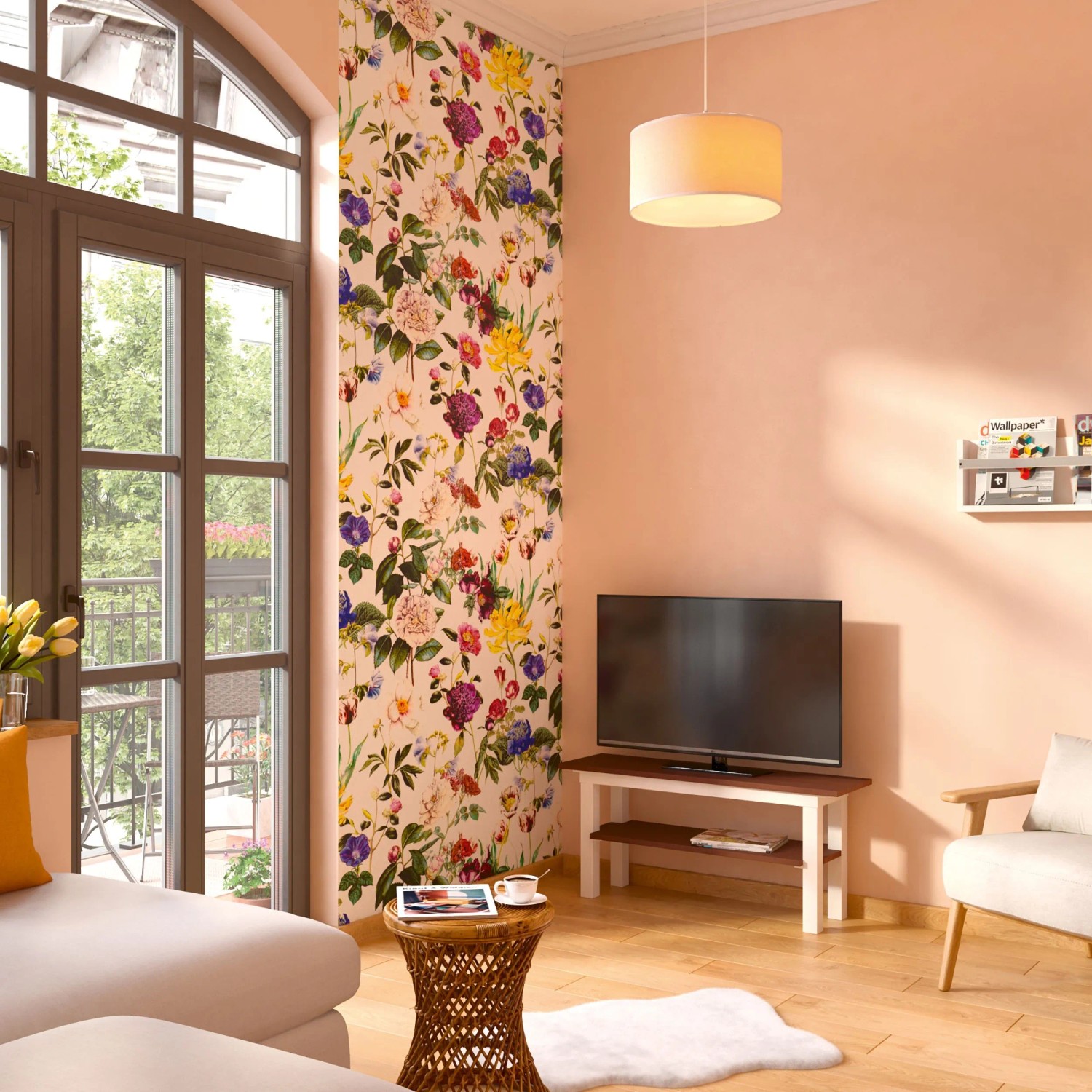 Wohnraum mit Wandfarbe Jesper Sandbeige von CREATE! by OBI, Blumenmuster-Tapete und TV.