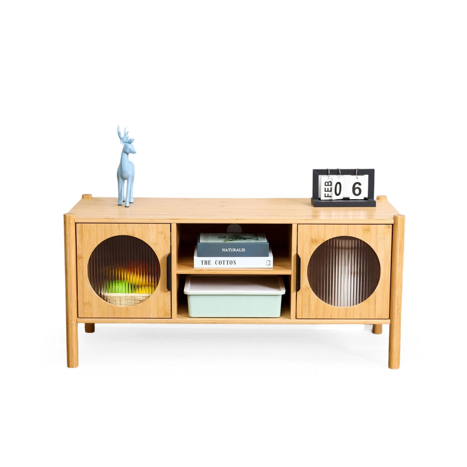 Relaxdays TV Lowboard Holzwerkstoff Bambus Acrylglas Natur mit 2 Türen 103 cm x 40 cm x 48 cm 14,7 kg