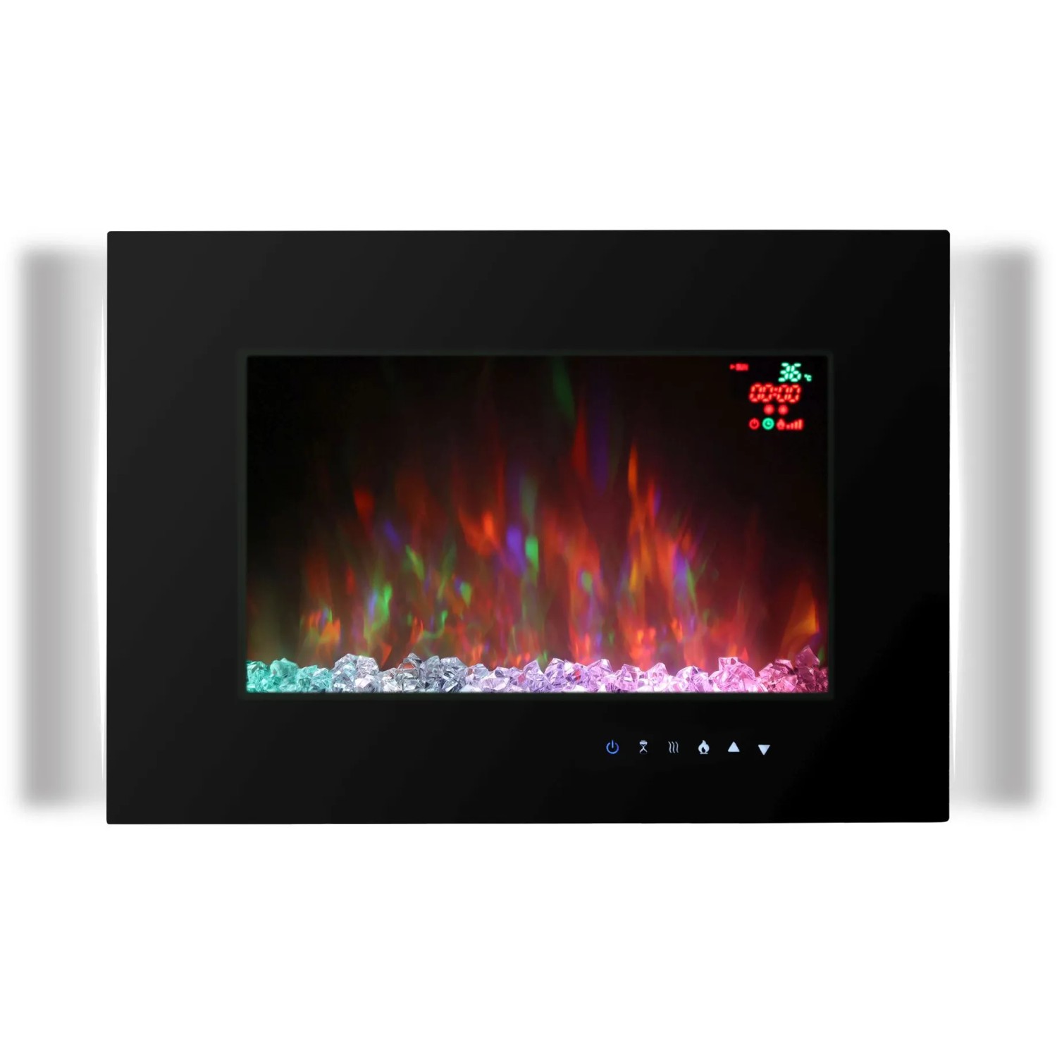 Schwarzer El Fuego Elektrokamin Aarau II mit LED-Flammeneffekt und Kristallen. Wandmontage oder freistehend.