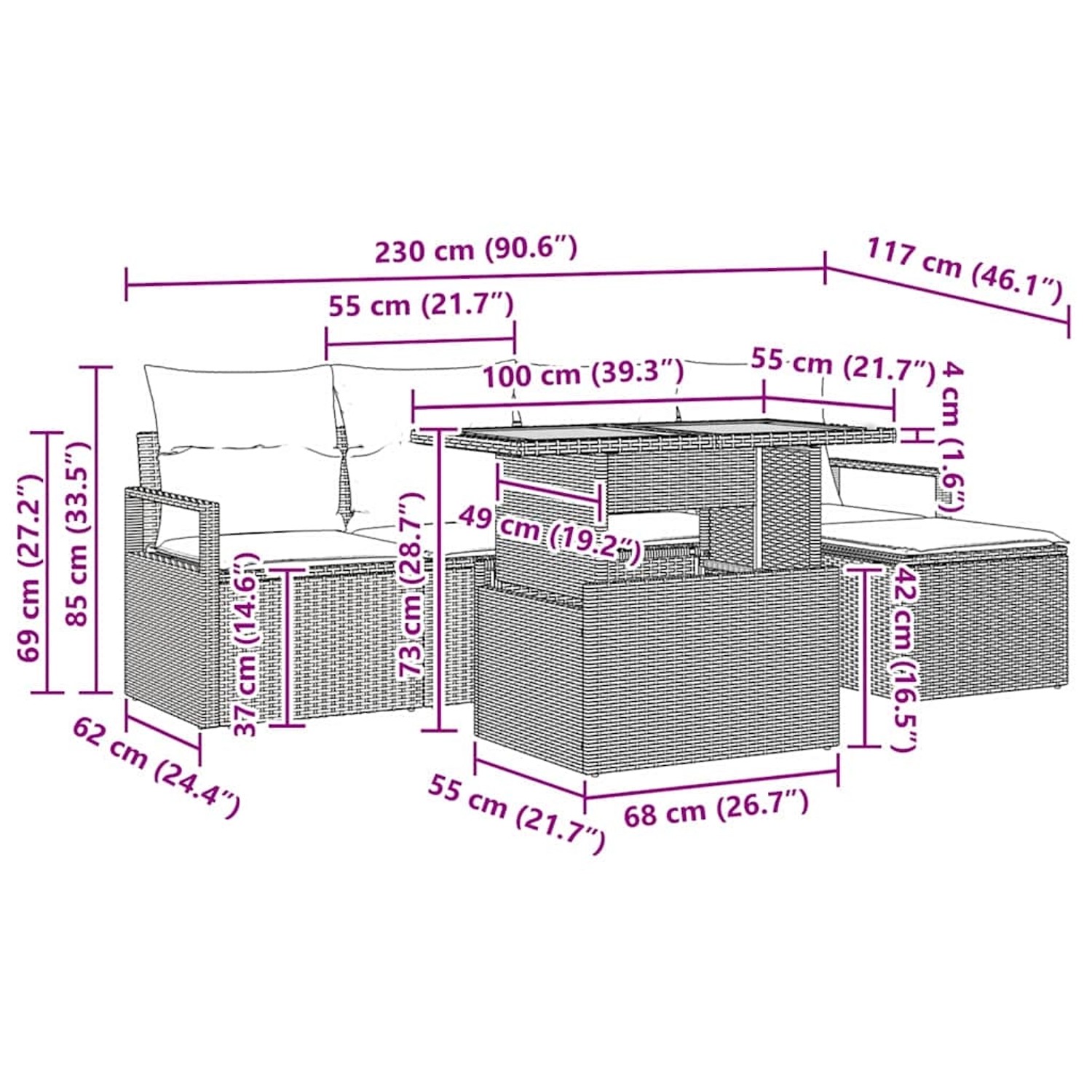 Schwarzes 6-tlg. Garten-Sofa-Set aus Poly Rattan mit Tisch und Stauraum.