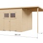 Bertilo Elementgartenhaus Amrum 4 Plus XL, naturbelassenes Holz mit Unterstand, 380x238cm, Abmessungen sind eingezeichnet.