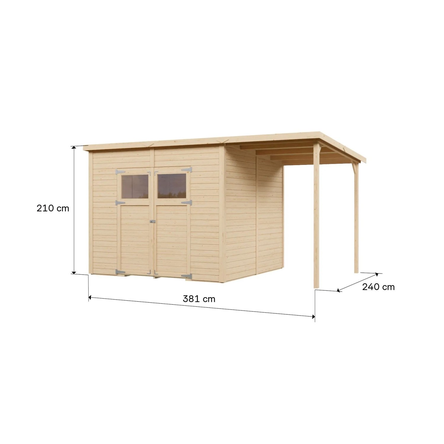 Bertilo Elementgartenhaus Amrum 4 Plus XL, naturbelassenes Holz mit Unterstand, 380x238cm, Abmessungen sind eingezeichnet.