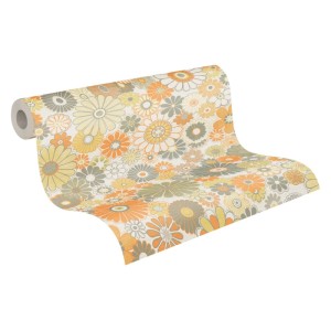 Rolle PROFHOME Retro Tapete mit Blumenmuster in Grün, Orange, Grau und Creme-Weiß.