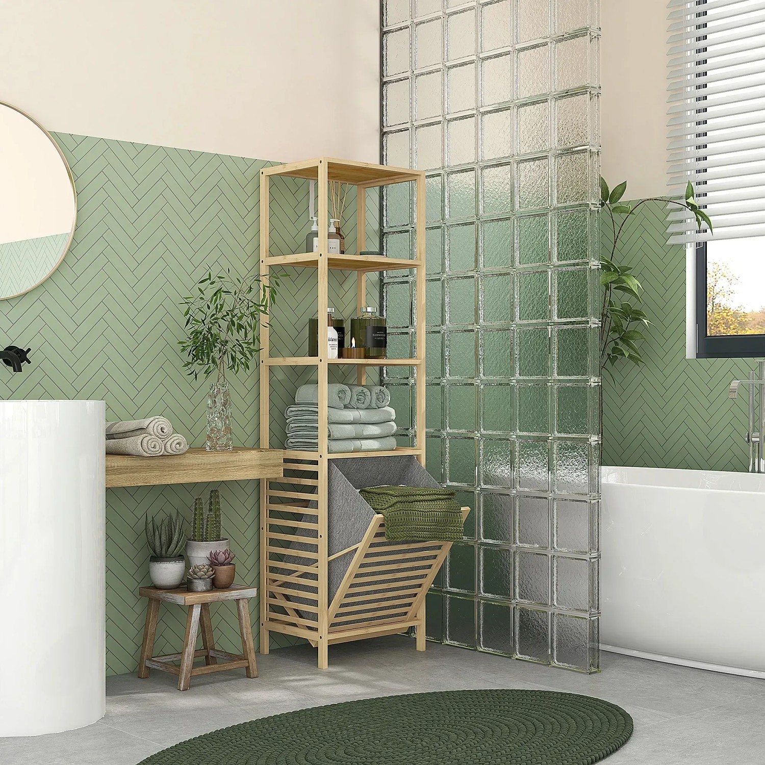 HOMCOM Badregal aus Bambus mit 3 Ebenen und Wäschekorb im Badezimmer.