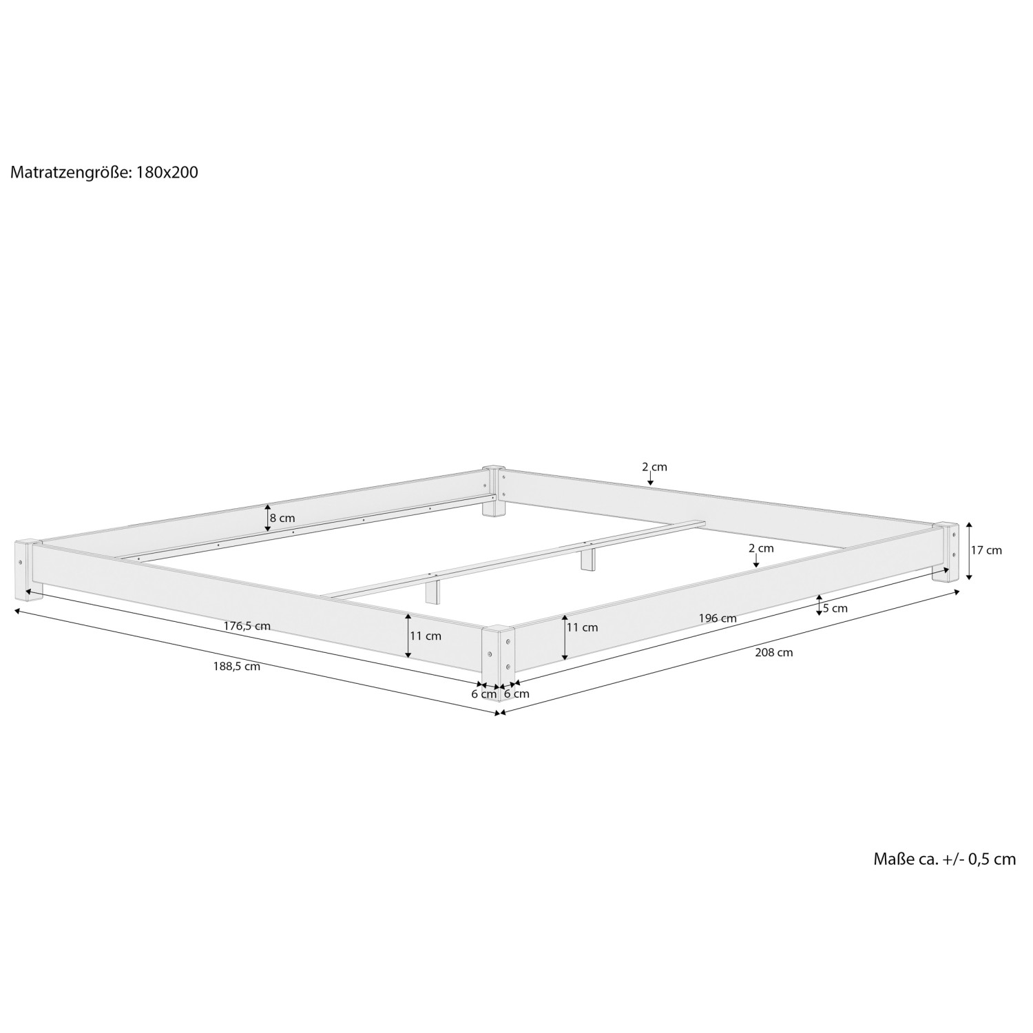 Skizze Erst-Holz Bodenbett 180x200 cm, Kiefer, ohne Zubehör. Maße und Details des Doppelbetts.