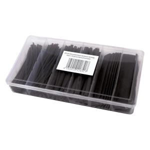 Blanko Schrumpfschlauch Set, 100 Stück, schwarz, in Sortierbox für Elektroinstallation.